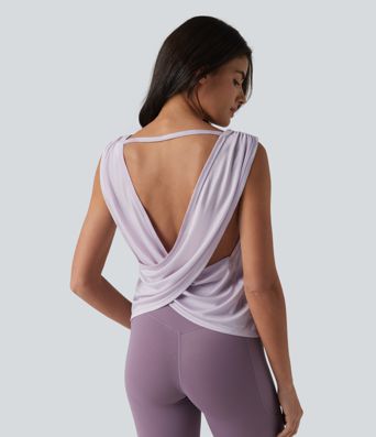 Gerafftes, rückenfreies Yoga-Top mit überkreuzten Trägern