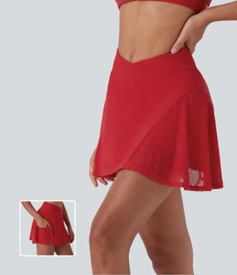 SoftlyZero™ falda mini de yoga 2-en-1, ligera y aireada, con cruce frontal, alto alto, encaje en contraste, tacto fresco y bolsillo — UPF50+