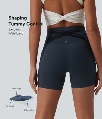 Halara Ultrasculpt™ short cycliste de running taille haute, maintien du ventre, empiècement croisé au dos, 5'' avec poches