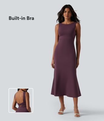Boat Neck Built-in Bra Sleeveless Midi Dress