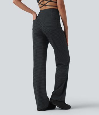 High Waisted Crossover Tummy Control Straight Leg Stripe Yoga Pants with Pockets
