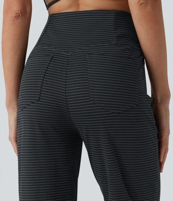 High Waisted Crossover Tummy Control Straight Leg Stripe Yoga Pants with Pockets