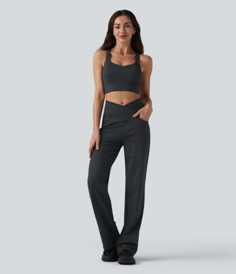 High Waisted Crossover Tummy Control Straight Leg Stripe Yoga Pants with Pockets
