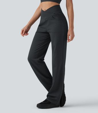 High Waisted Crossover Tummy Control Straight Leg Stripe Yoga Pants with Pockets