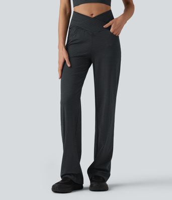 High Waisted Crossover Tummy Control Straight Leg Stripe Yoga Pants with Pockets