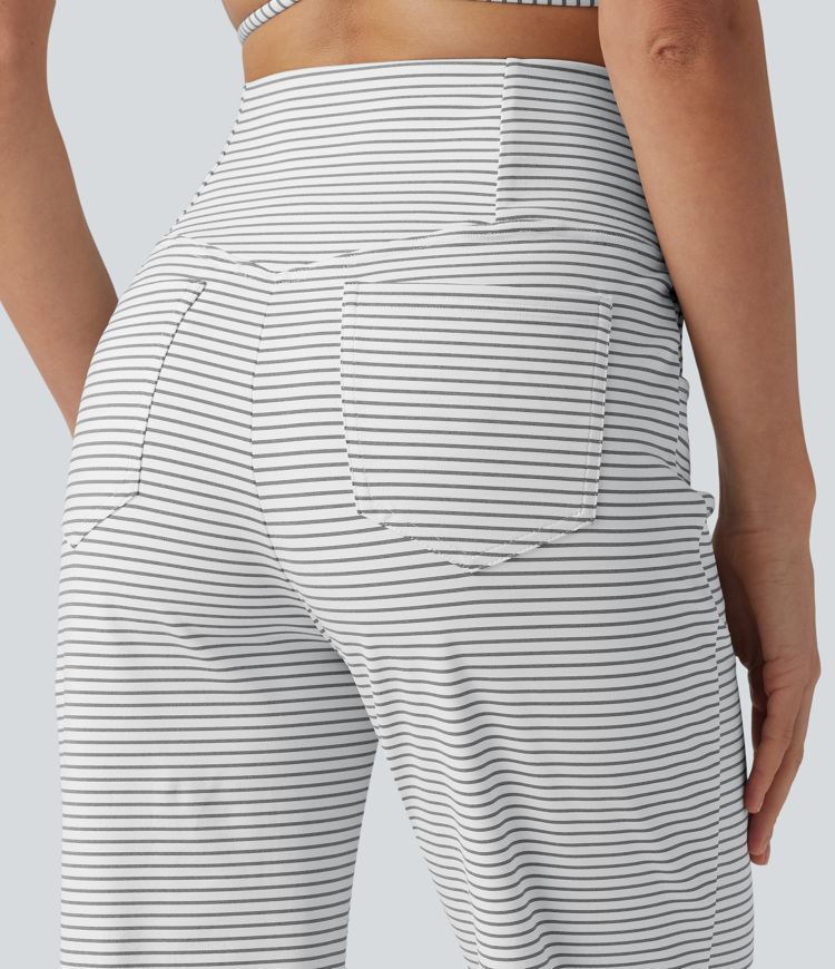 Pantalon de yoga droit taille haute croisée ventre plat à rayures avec poches