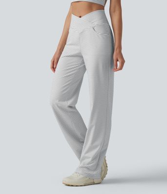 Pantalon de yoga droit taille haute croisée ventre plat à rayures avec poches