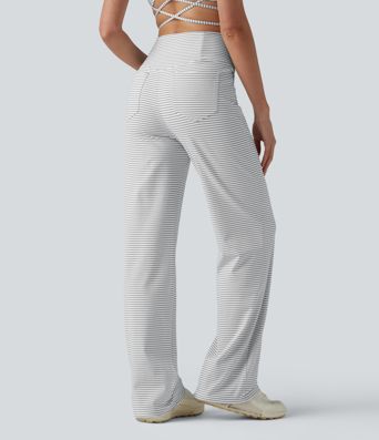 Pantalon de yoga droit taille haute croisée ventre plat à rayures avec poches