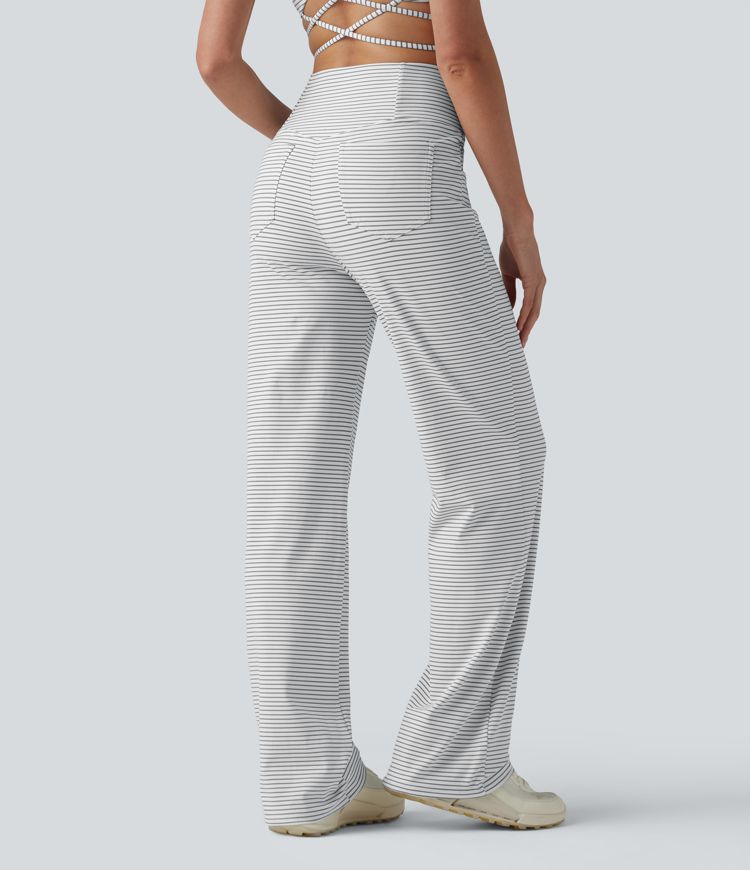 Pantalon de yoga droit taille haute croisée ventre plat à rayures avec poches