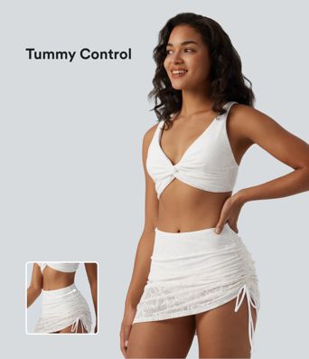 Bikini 2-en-1 col V profond ventre plat avec détail torsadé, bretelles réglables, cordon de serrage et superposition en dentelle