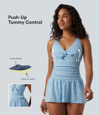 V-neck Tie-front Adjustable Straps Push-Up Tummy Control Ruched 2-in-1 Jacquard One-Piece Swimsuit