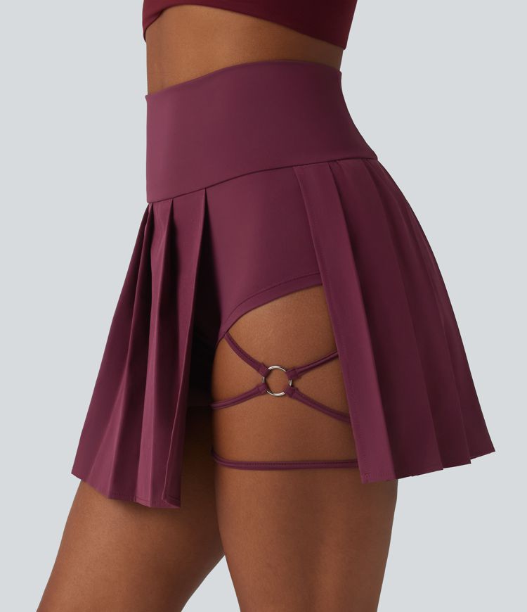 Breezeful™ High Waisted Pleated 2-in-1 Asymmetric Hem Quick Dry Mini Dance Skirt with Pockets-Longer Length