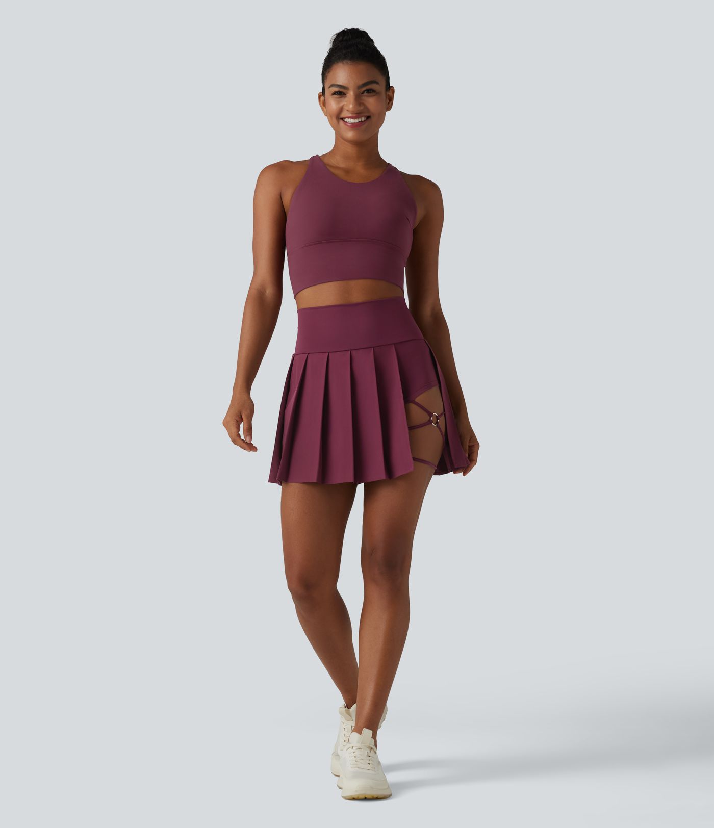 Breezeful™ High Waisted Pleated 2-in-1 Asymmetric Hem Quick Dry Mini Dance Skirt with Pockets-Longer Length