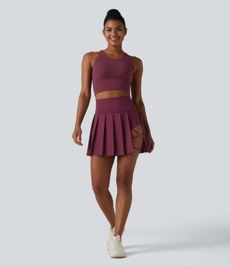Breezeful™ High Waisted Pleated 2-in-1 Asymmetric Hem Quick Dry Mini Dance Skirt with Pockets-Longer Length