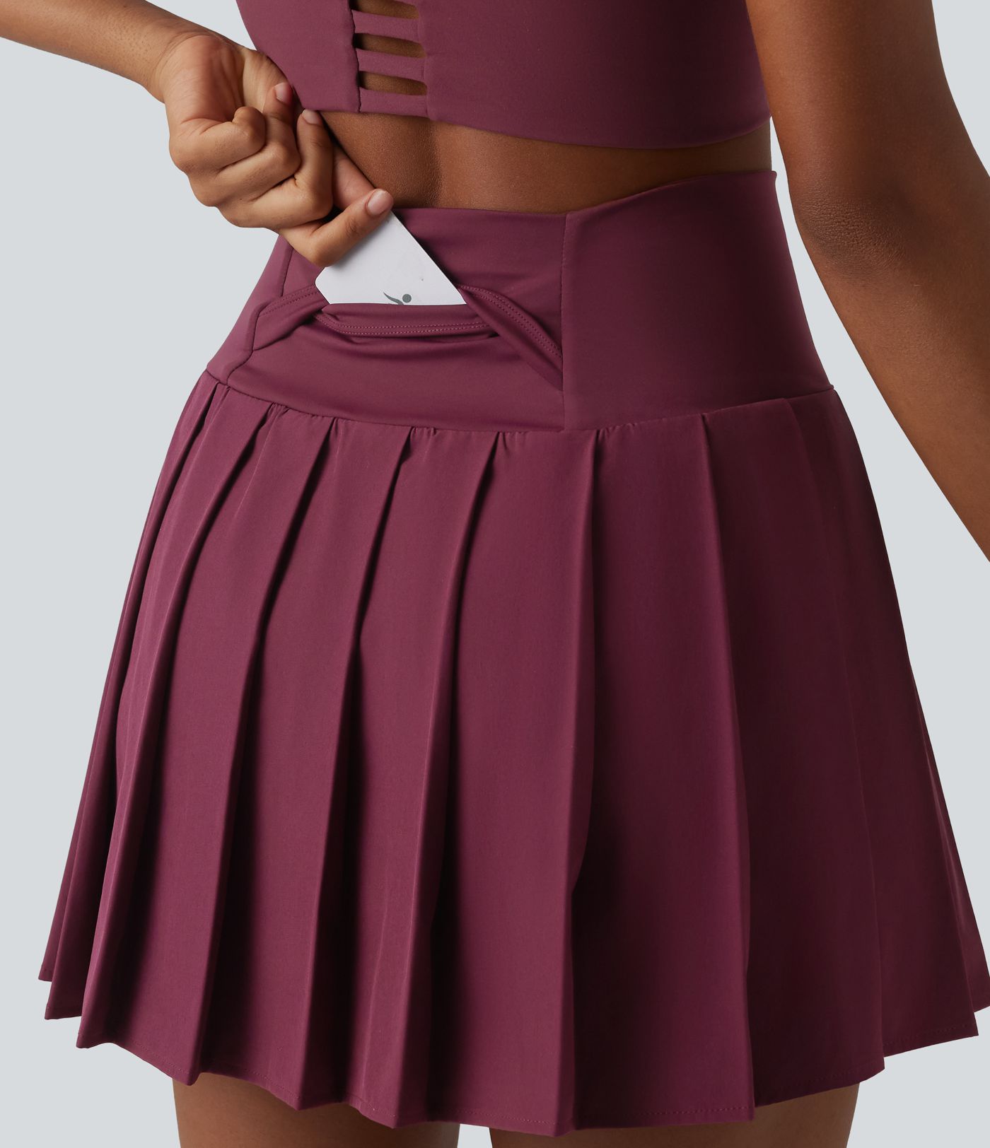 Breezeful™ High Waisted Pleated 2-in-1 Asymmetric Hem Quick Dry Mini Dance Skirt with Pockets-Longer Length