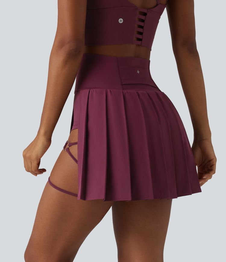 Breezeful™ High Waisted Pleated 2-in-1 Asymmetric Hem Quick Dry Mini Dance Skirt with Pockets-Longer Length