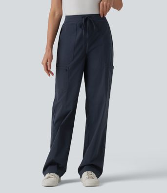 Mid Rise Drawstring Adjustable Pant Length Casual Straight Leg Cargo Pants with Pockets