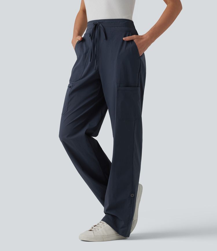 Mid Rise Drawstring Adjustable Pant Length Casual Straight Leg Cargo Pants with Pockets