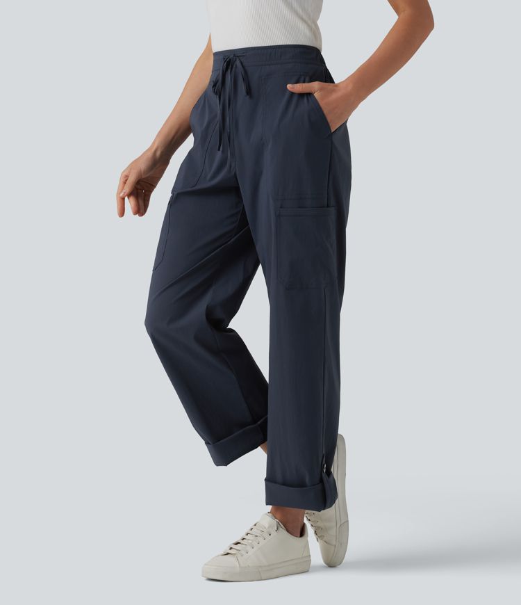 Mid Rise Drawstring Adjustable Pant Length Casual Straight Leg Cargo Pants with Pockets
