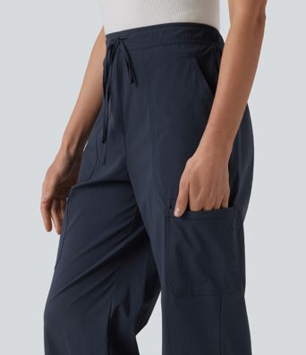 Mid Rise Drawstring Adjustable Pant Length Casual Straight Leg Cargo Pants with Pockets