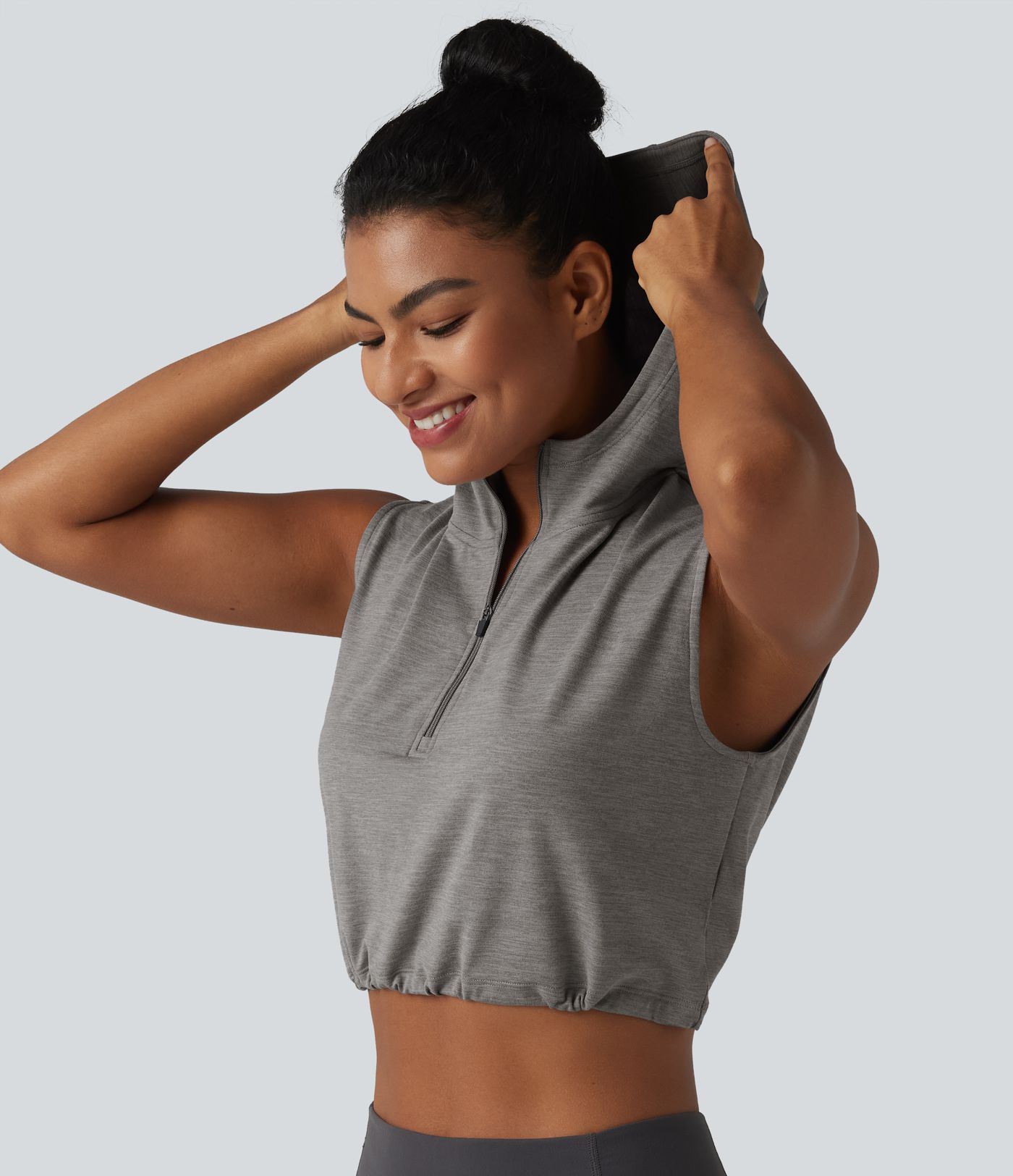Hooded Sleeveless Half Zip Cropped Yoga Tank Top