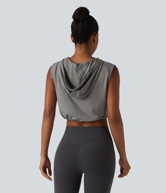 Hooded Sleeveless Half Zip Cropped Yoga Tank Top