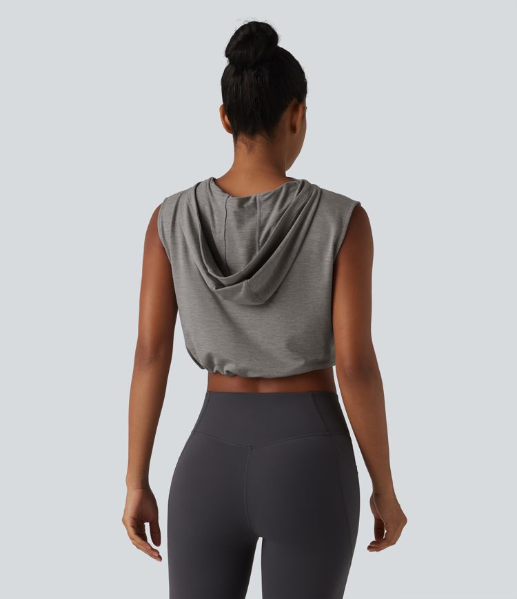 Hooded Sleeveless Half Zip Cropped Yoga Tank Top