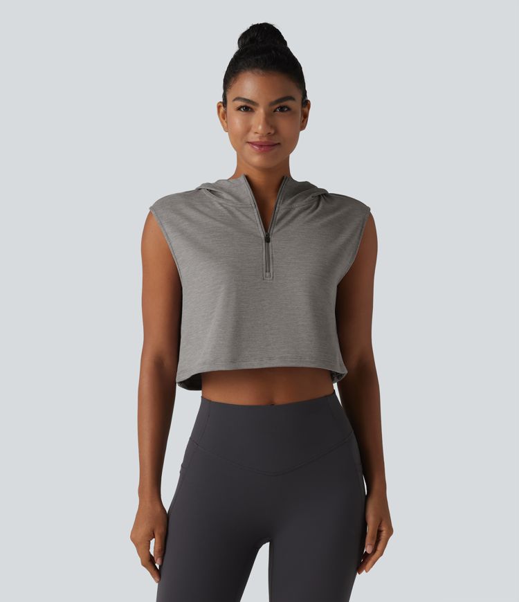 Hooded Sleeveless Half Zip Cropped Yoga Tank Top