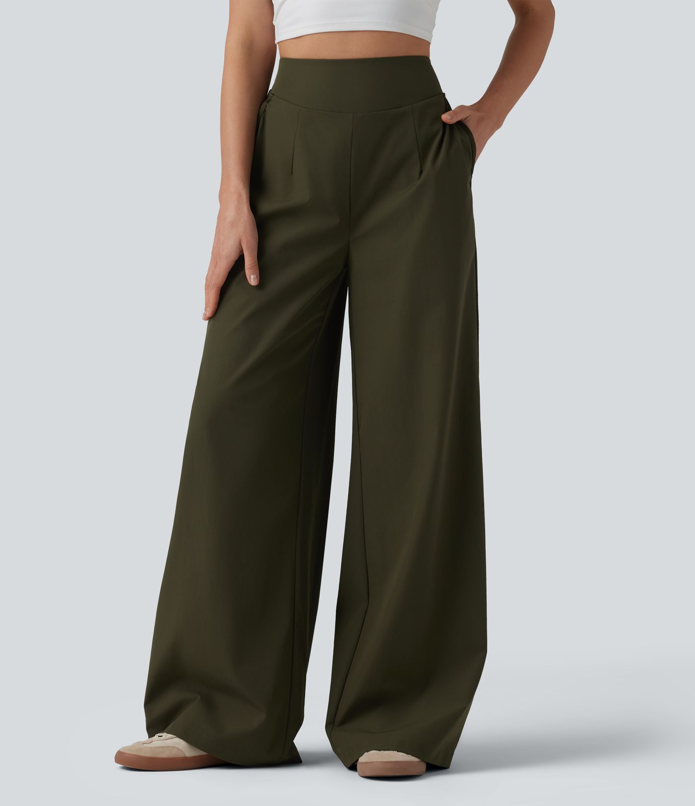 Pantalon décontracté taille haute à jambes larges avec poches