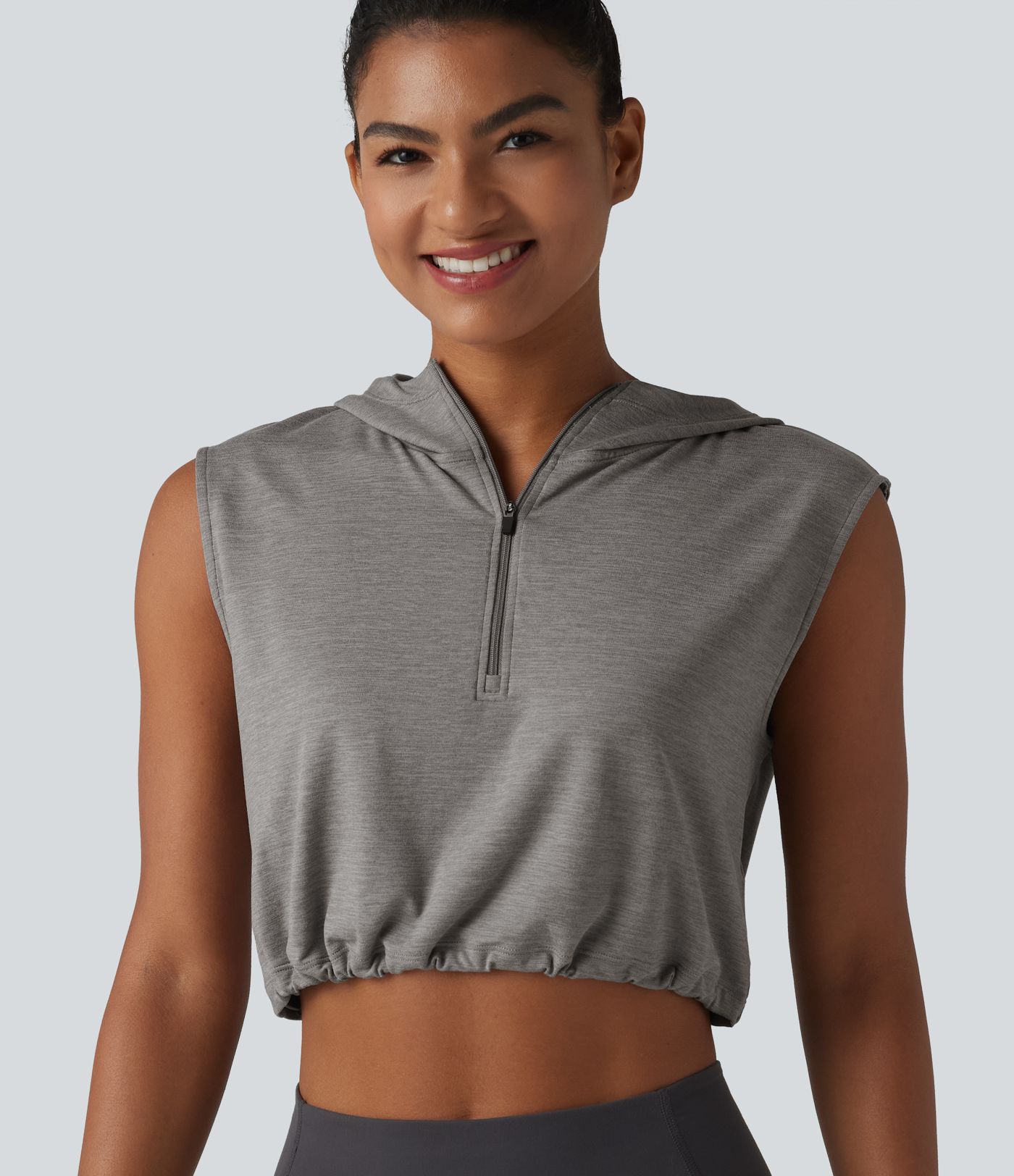 Hooded Sleeveless Half Zip Cropped Yoga Tank Top