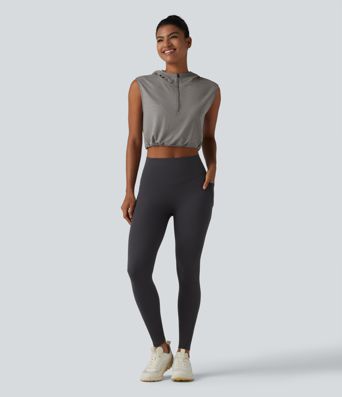 Hooded Sleeveless Half Zip Cropped Yoga Tank Top