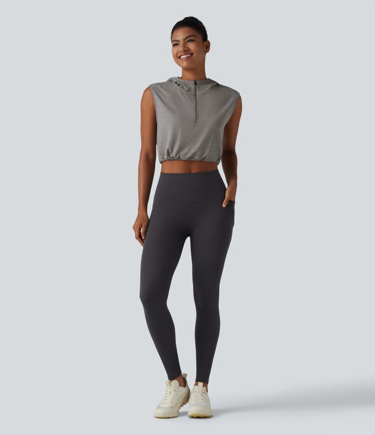 Hooded Sleeveless Half Zip Cropped Yoga Tank Top