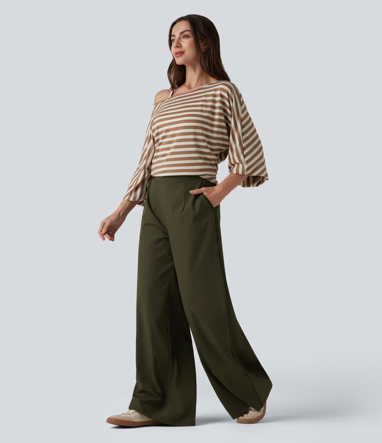 Pantalon décontracté taille haute à jambes larges avec poches