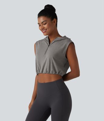 Hooded Sleeveless Half Zip Cropped Yoga Tank Top