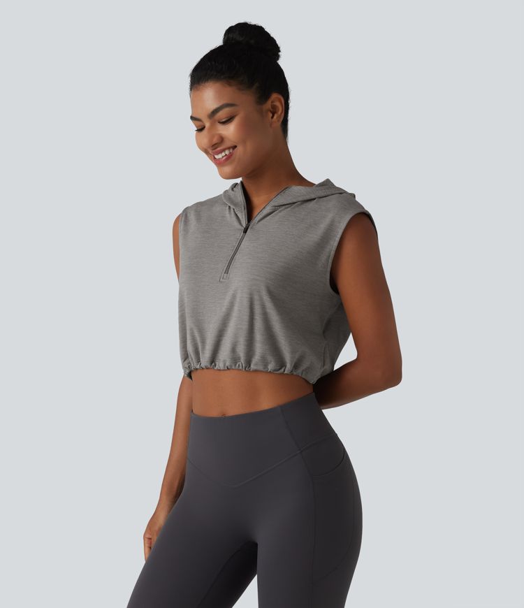 Hooded Sleeveless Half Zip Cropped Yoga Tank Top
