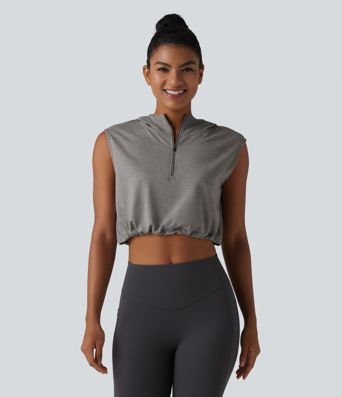Hooded Sleeveless Half Zip Cropped Yoga Tank Top