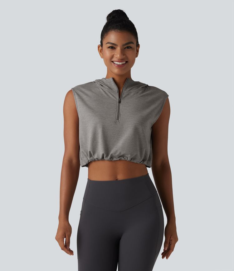 Hooded Sleeveless Half Zip Cropped Yoga Tank Top