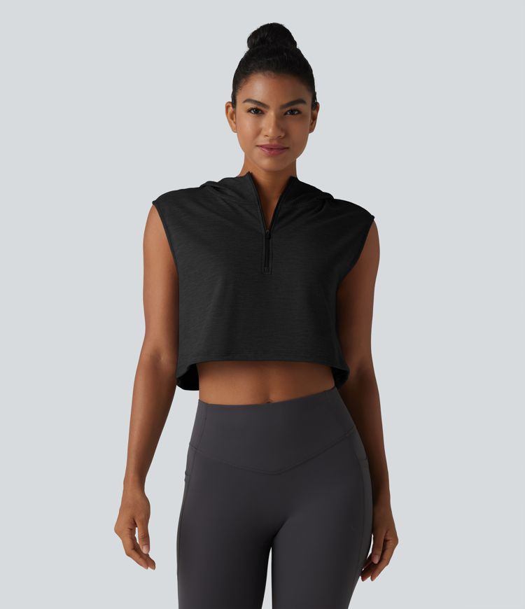 Hooded Sleeveless Half Zip Cropped Yoga Tank Top