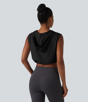 Hooded Sleeveless Half Zip Cropped Yoga Tank Top
