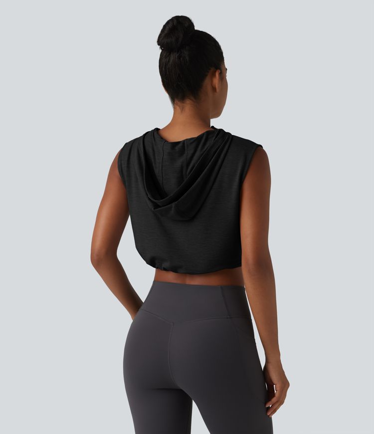 Hooded Sleeveless Half Zip Cropped Yoga Tank Top