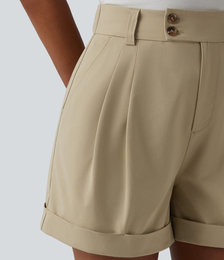 Short tailleur large en popeline stretch plissé taille haute avec ourlet roulotté et poches