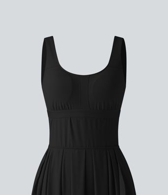 U Neck Built-in Bra Flowy Midi Casual Tank Dress with Pockets