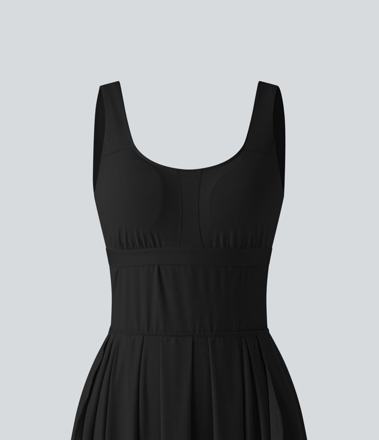 U Neck Built-in Bra Flowy Midi Casual Tank Dress with Pockets