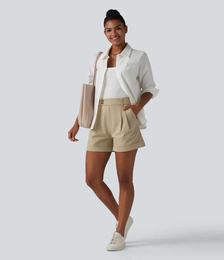 Short tailleur large en popeline stretch plissé taille haute avec ourlet roulotté et poches