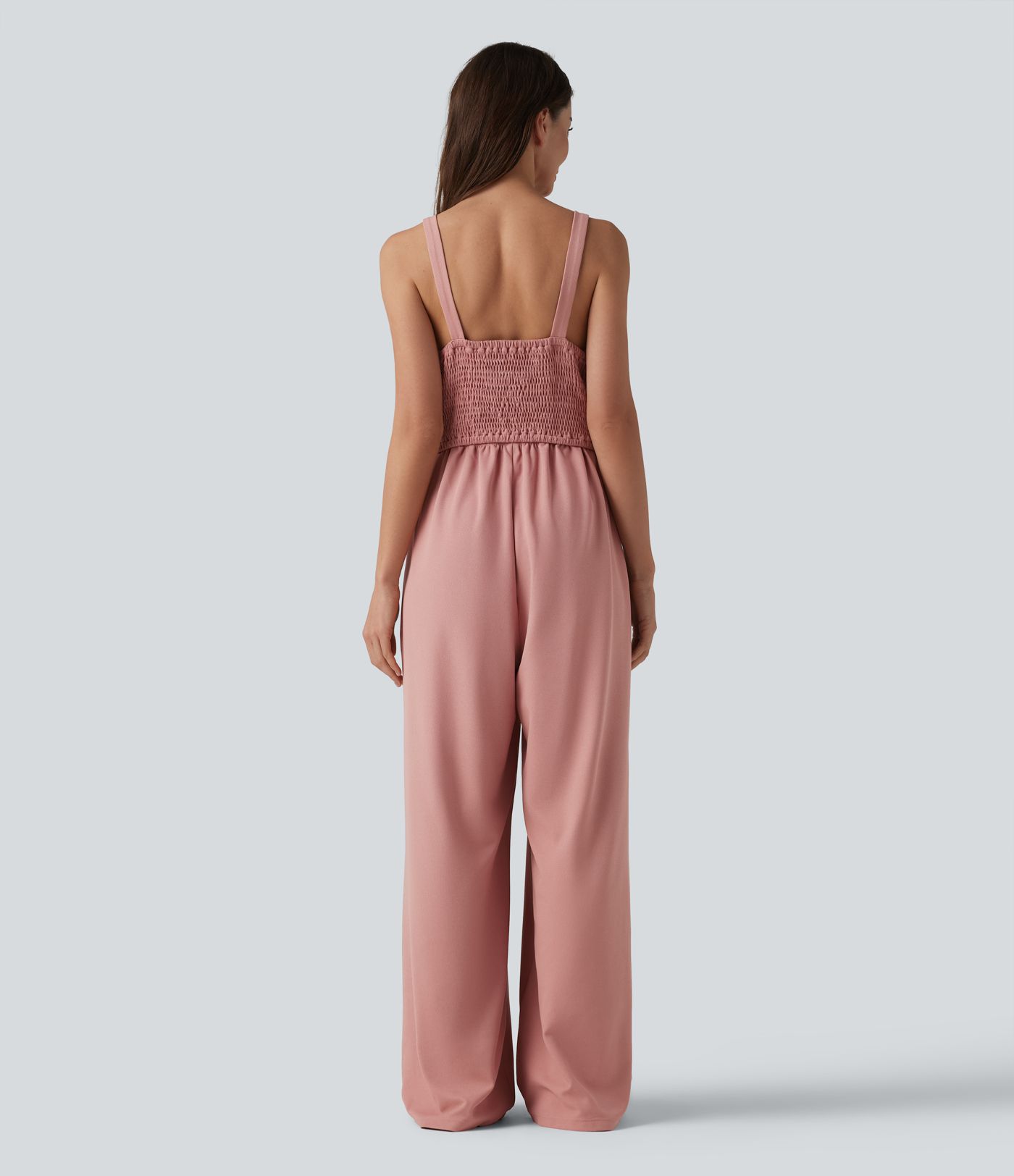 Combinaison casual large en tissu gaufré col U sans manches avec fronces, boutons décoratifs et poches — Easy Peasy