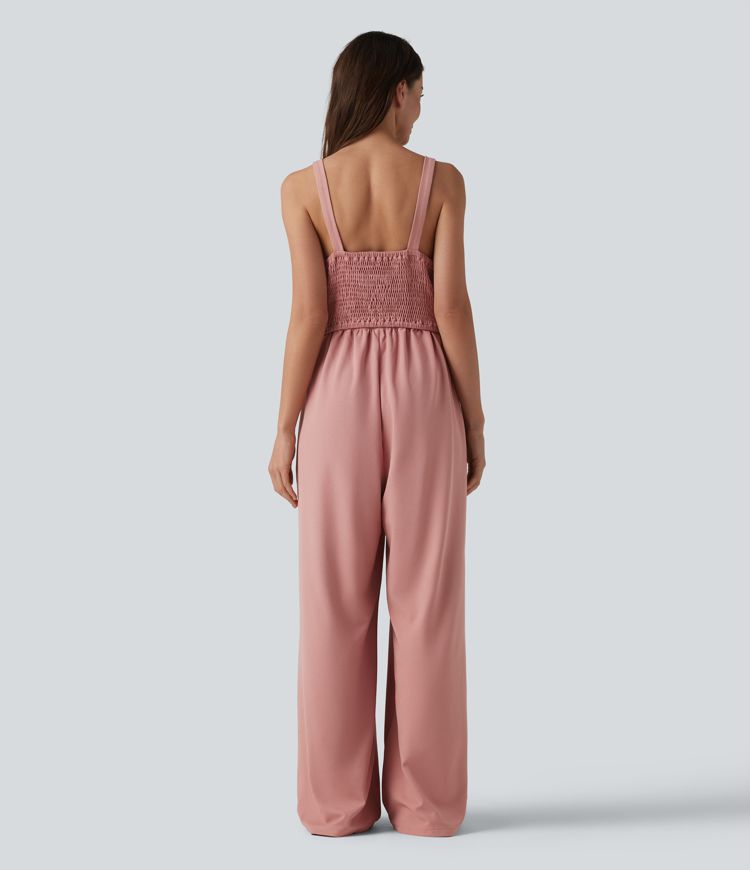 Combinaison casual large en tissu gaufré col U sans manches avec fronces, boutons décoratifs et poches — Easy Peasy