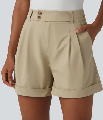 Short tailleur large en popeline stretch plissé taille haute avec ourlet roulotté et poches