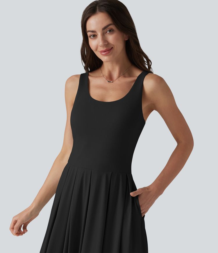 U Neck Built-in Bra Flowy Midi Casual Tank Dress with Pockets