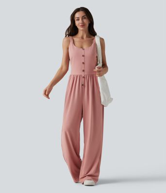 Combinaison casual large en tissu gaufré col U sans manches avec fronces, boutons décoratifs et poches — Easy Peasy