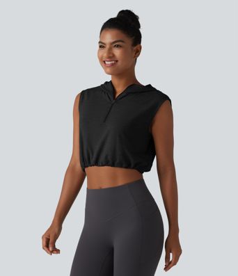 Hooded Sleeveless Half Zip Cropped Yoga Tank Top